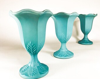 TRIO di tazze da dessert vintage - anni '60 - Vetro a forma di tulipano color turchese satinato - ADORABILE