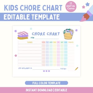 Editable Kids Chore Chart, School Checklist, Reward, Daily Checklist, Weekly Chores, Behavior Checklist, Digital File for Print