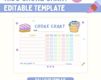 Tabella modificabile delle faccende domestiche per bambini, lista di controllo scolastica, ricompensa, lista di controllo giornaliera, faccende settimanali, lista di controllo del comportamento, file digitale per la stampa