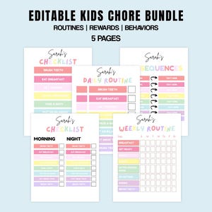 Editable Kids Chore Chart Bundle, School, Reward, Daily Checklist, Weekly Chores, Behavior, Consequences, Letter