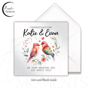 Biglietto di nozze personalizzato – Uccellini innamorati in cornice – Nomi e data personalizzati – Elegante ricordo – Fatto a mano in Irlanda