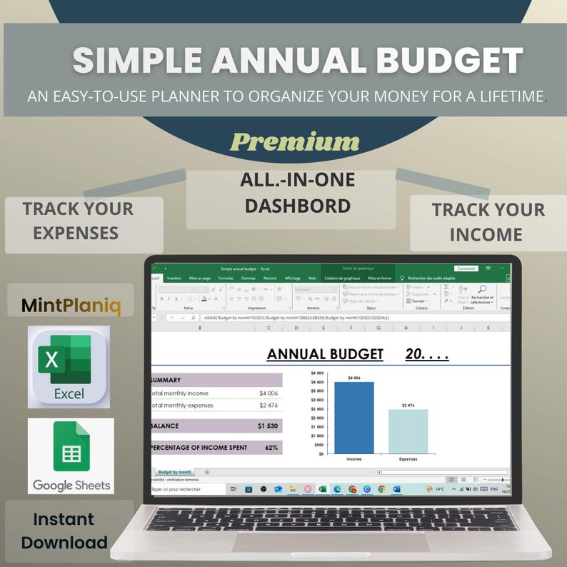Simple Annual Budget Spreadsheet Excel | Google Sheets | Income and ...
