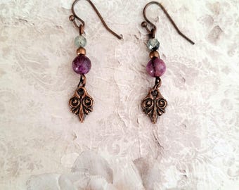 1.5" copper dangle earrings with prehnite and purple crazy lace agate