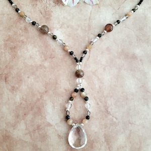 18" beaded loop necklace with faceted quartz focal and copper sunstone