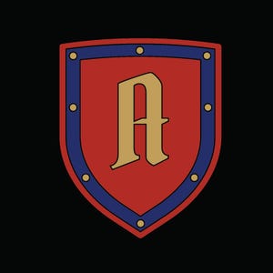 Puede incluir: Un emblema en forma de escudo con fondo rojo, borde azul y la letra "A" dorada en el centro. El borde azul está delineado con puntos dorados. El emblema está sobre un fondo negro.