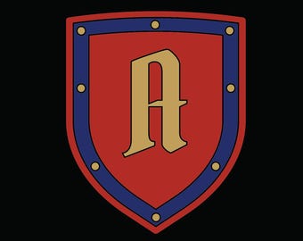 May include: A shield-shaped emblem with a red background, a blue border, and a gold letter "A" in the center. The blue border is outlined with gold dots. The emblem is set against a black background.
