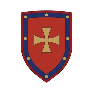 Könnte beinhalten: Ein roter Schild mit einem blauen Rand und einem goldenen Kreuz in der Mitte. Der Schild hat acht goldene Nieten am Rand.