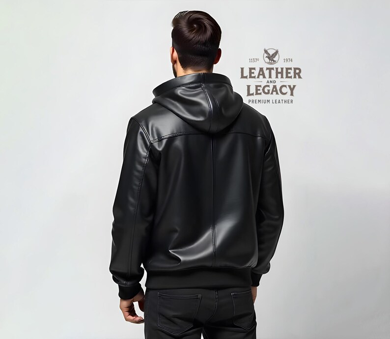 May include: A black leather jacket with a zipper closure and a hood. The jacket has a logo on the back that says "Leather and Legacy, Premium Leather".