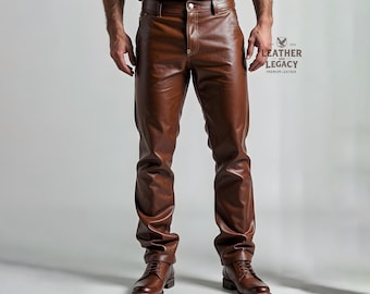 Handmade Genuine Stylish Brown Leather Jeans For Men-Premium Cow Leather Jeans Side Pocket New Design