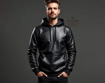 May include: A black leather hoodie with a drawstring hood. The hoodie has a kangaroo pocket and a zipper closure.