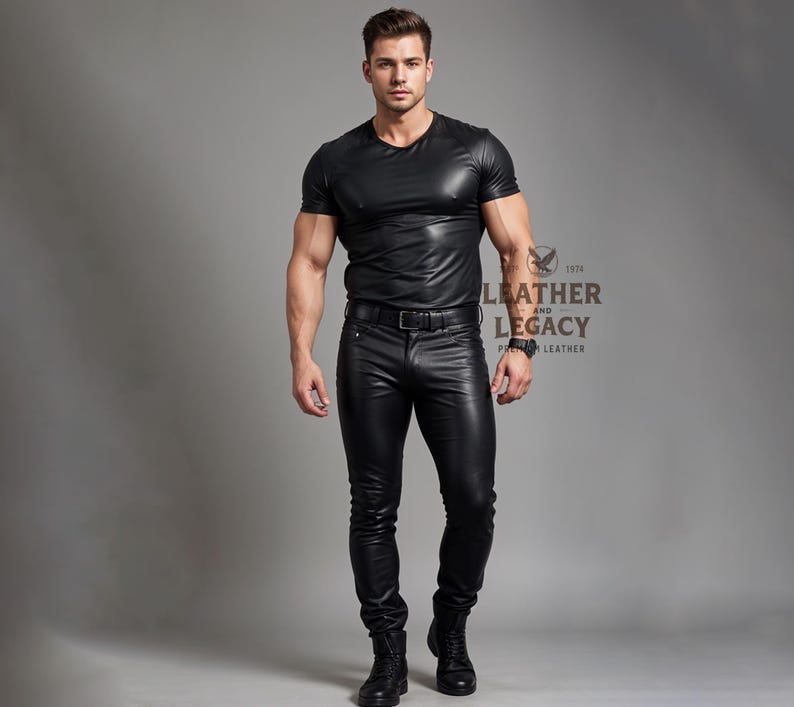 May include: A man wearing a black leather t-shirt and black leather pants. The pants have a belt with a silver buckle. The man is standing in front of a gray background. The text "Leather and Legacy" is visible in the image.