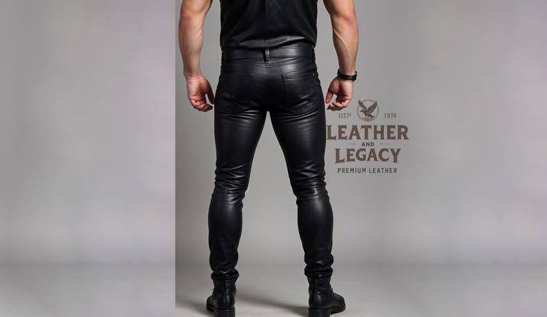 May include: A person wearing black leather pants. The pants are slim fitting and have a zipper fly. The person is standing with their back to the camera. The text "Leather and Legacy Premium Leather" is visible on the lower right side of the image.