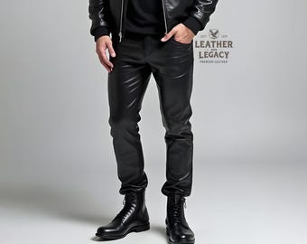 Men's Premium Cow Leather Handmade Jeans Side Pocket-Genuine Soft Leather Slim Fit Biker Jeans
