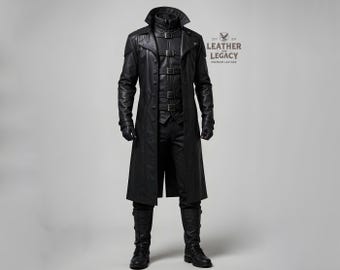 Premium Black Leather Cosplay Costume For Men-High Quality Leather Coat With Pant And Vest For Men
