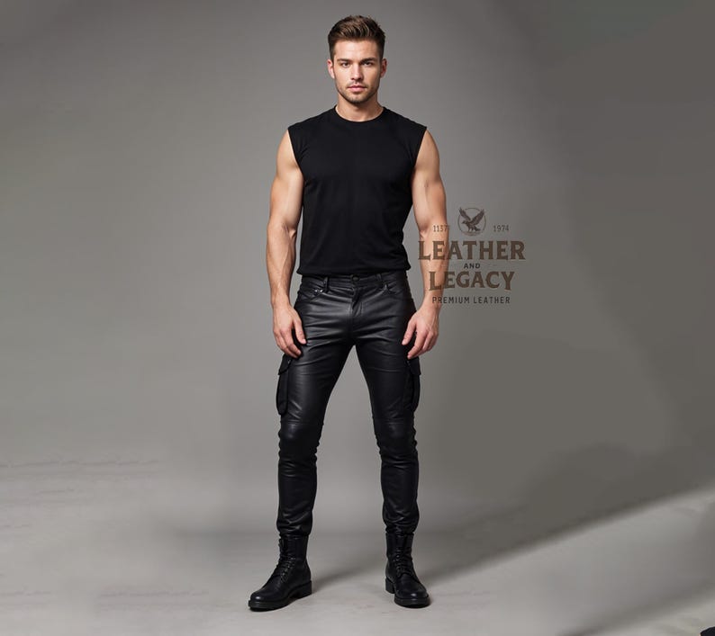 May include: A man wearing a black sleeveless shirt and black leather cargo trousers. The trousers have multiple pockets and a zip fly. The man is wearing black leather boots.