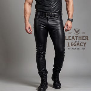 May include: A person wearing black leather pants with a black leather belt and black boots. The pants have a slim fit and are made of a smooth, shiny leather. The person is standing on a gray background. The image includes the text "Leather and Legacy Premium Leather".