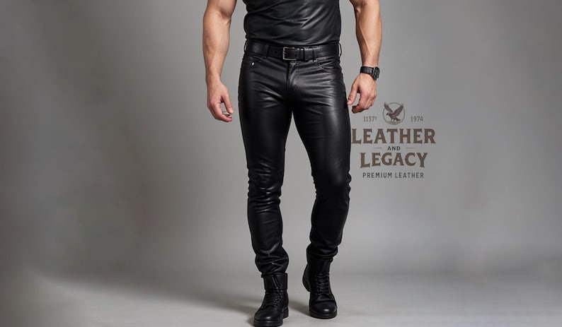 May include: A person wearing black leather pants with a black leather belt and black boots. The pants have a slim fit and are made of a smooth, shiny leather. The person is standing on a gray background. The image includes the text "Leather and Legacy Premium Leather".