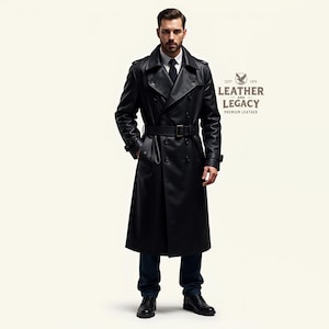 Puede incluir: Una gabardina de cuero negro con cierre de doble botonadura, cinturón y cuello. La gabardina tiene un logotipo en el lado derecho que dice "Leather and Legacy, Premium Leather".