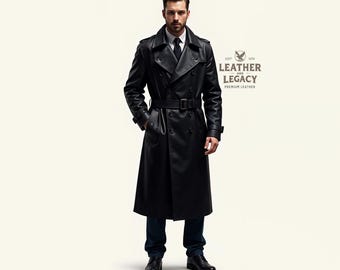 May include: A black leather trench coat with a double-breasted closure, a belt, and a collar. The coat has a logo on the right side that says "Leather and Legacy, Premium Leather".