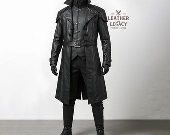 Handmade Unique Leather Cosplay Costume For Men-Genuine Soft Leather Trench Coat with Vest And Pant