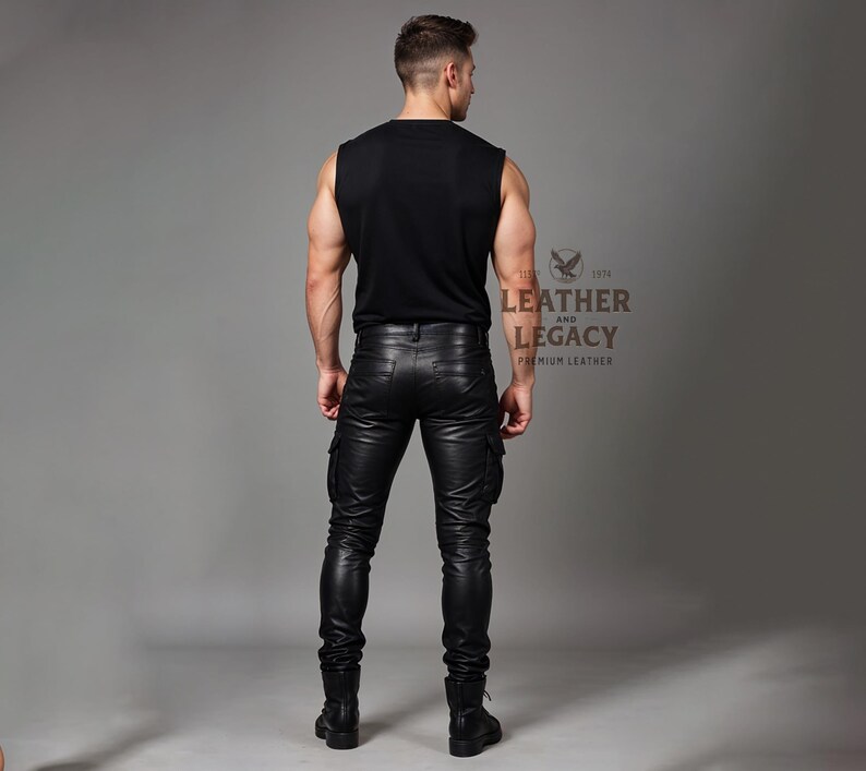 May include: A person wearing black leather trousers with cargo pockets and a black sleeveless top. The trousers have a slim fit and are made from soft, supple leather. The top is a simple, classic design. The person is standing with their back to the camera. The image is from Leather and Legacy, a company that specialises in premium leather goods.