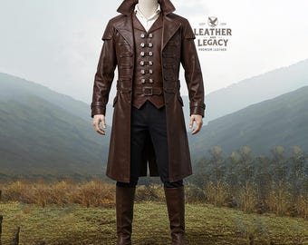 Handmade Premium Leather Full Suit For Men-High Quality Brown Leather Trench Coat With Brown Vest And Black Leather Pant