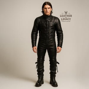 May include: A full-body black leather jumpsuit with a high collar and vertical stitching details. The outfit includes a long-sleeved jacket and fitted pants, with straps at the ankles. The image includes the text "LEATHER AND LEGACY PREMIUM LEATHER".