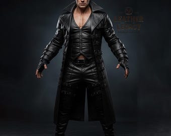 Handmade Real Soft Leather Black Full Suit For Men - Genuine Cow Leather Steampunk Coat Black Vest And Pant - Cosplay Costume