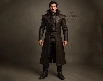Genuine Cow Leather Brown Full Suit For Men-Handmade Real Soft Leather Cosplay Costume Coat With Pant And Vest For Men