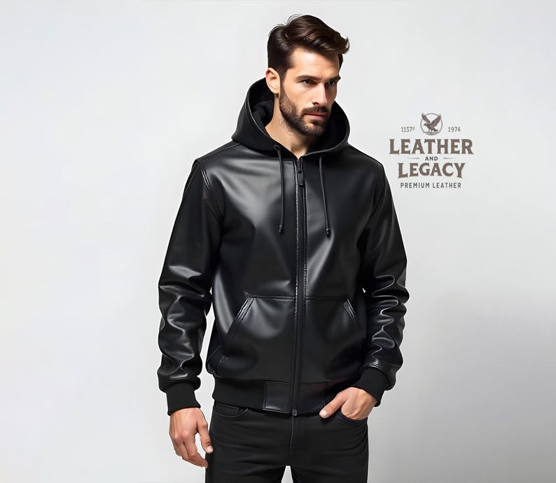 May include: A black leather jacket with a zipper closure and a hood. The jacket has a logo on the right side that says "Leather and Legacy Premium Leather".