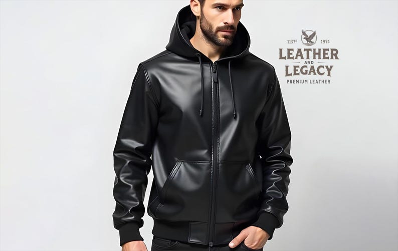 May include: A black leather jacket with a zipper closure and a hood. The jacket has a logo on the back that says "Leather and Legacy - Premium Leather".
