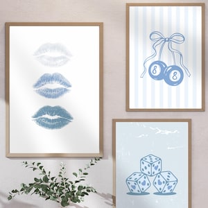Blue Dorm Room Prints Set of 3, Light Blue Trendy Wall Art, Girly College Apartment Posters, Feeling Lucky Dice Print, Digital Prints,8 ball