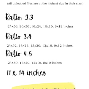 May include: A white graphic with the text "SIZE GUIDE" and size ratios 2:3, 3:4, and 4:5, with corresponding dimensions in inches. Includes "11 x 14 inches" and a yellow banner with text.