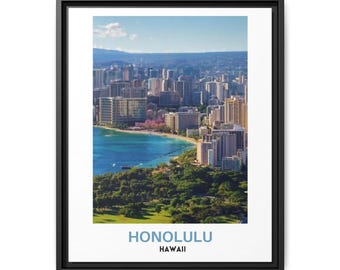 May include: A framed wall art print featuring a high-angle view of the Honolulu, Hawaii skyline, including tall buildings, a blue ocean coastline, and green park space. The text HONOLULU HAWAII is printed in blue and black at the bottom of the print.