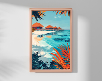 May include: A digital painting of a tropical island scene with several small, red-roofed bungalows on stilts over turquoise water. Lush green palm trees frame the scene.