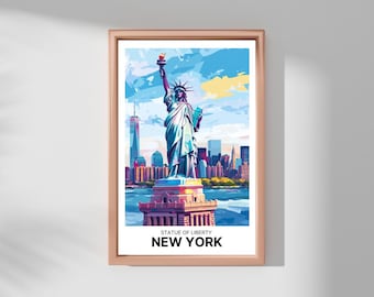 May include: A colorful illustration of the Statue of Liberty in New York City. The statue is depicted in a vibrant blue and purple color scheme, with the city skyline in the background. The text "STATUE OF LIBERTY NEW YORK" is printed below the image.