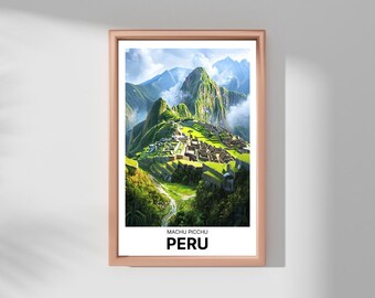 May include: A framed print of Machu Picchu, an ancient Incan citadel located in the Cusco Region of Peru. The print features a vibrant green landscape with the ruins of the citadel visible in the distance. The text "Machu Picchu" and "Peru" is printed below the image.