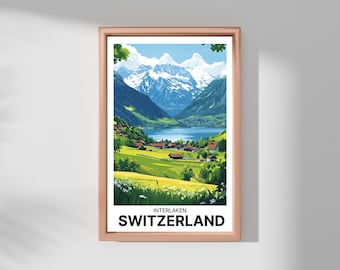 May include: A colorful illustration of a mountain landscape with a lake and a village in the foreground. The text "Interlaken Switzerland" is at the bottom of the image.