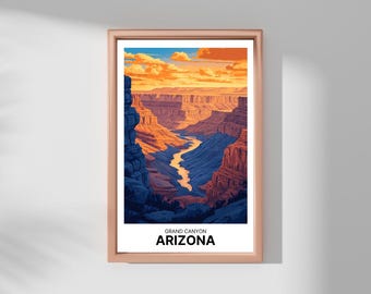 May include: A colorful illustration of the Grand Canyon in Arizona. The canyon is depicted in shades of orange, red, and blue, with a river winding through the center. The text "Grand Canyon Arizona" is printed below the image.