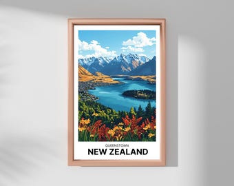 May include: A colorful illustration of a mountain range and lake with the text "Queenstown, New Zealand" at the bottom.