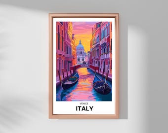 May include: A colorful illustration of a canal in Venice, Italy. The canal is lined with buildings and there are two gondolas in the water. The sky is a vibrant orange and pink.