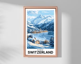 May include: A vintage travel poster featuring a snowy mountain landscape with a village nestled on the shore of a lake. The poster is titled "St. Moritz, SWITZERLAND".