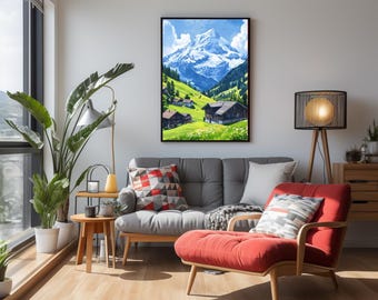 May include: A framed painting of a mountain landscape with a snow-capped peak, green hills, and small houses. The painting is hanging on a wall in a living room with a gray sofa, red armchair, and a potted plant.