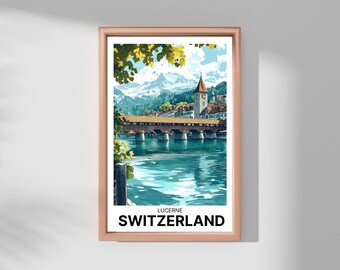 May include: A vintage travel poster featuring a colorful illustration of a bridge and a church tower in Lucerne, Switzerland. The poster has a blue and green color scheme and features a mountain range in the background.