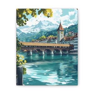 Lucerne Sketch Vintage, Swiss City Drawing, Black and White European Cityscape, Digital Download