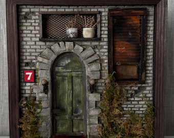 Miniature Door Diorama in Frame: Handmade 3D Wall Decor