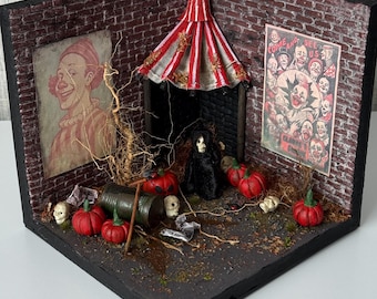 Diorama du carnaval hanté - Figurine d'Halloween effrayante avec citrouilles et squelettes - Décoration de cirque effrayant