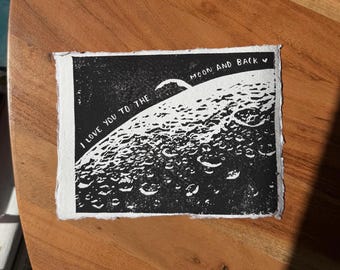 Handmade Moon Lino Print. A6 printed on cotton paper with free postage (UK and international).