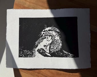 Handgemaakte otterlinoprint. A5 gedrukt op katoenpapier met gratis verzending (VK en internationaal).