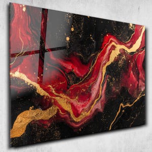 Abstrakte Rot Gold Marmor Wandkunst - Roter Balck Marmor gehärtetes Glas Kunst -Extra Große Wandkunst - Wohnkultur - Wandbehänge -Ofen Backsplash